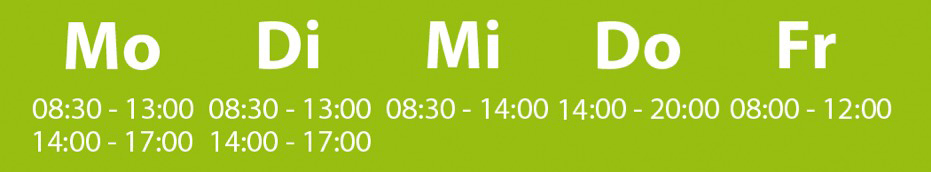 Öffnungszeiten: Mo 08:30-13:00 und 14:00-17:00, Di 08:30-13:00 und 14:00-17:00, Mi 08:30-14:00, Do 14:00-20:00, Fr 08:00-12:00